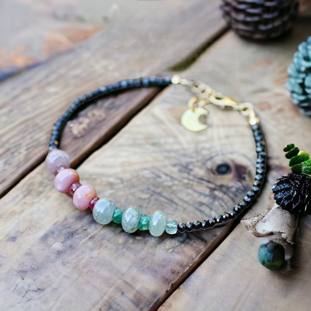 Sparkling Natural Black Spinel , Emerald and Sapphire Bracelet 14K Gold Filled - Picture 2 of 10